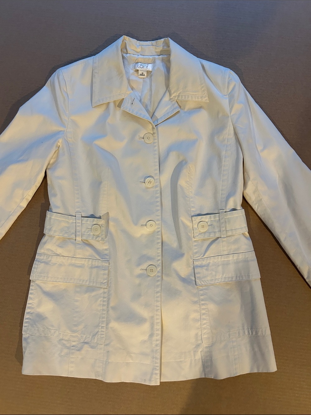 LOFT Cream Button-Front Trench Coat with Waist Tabs